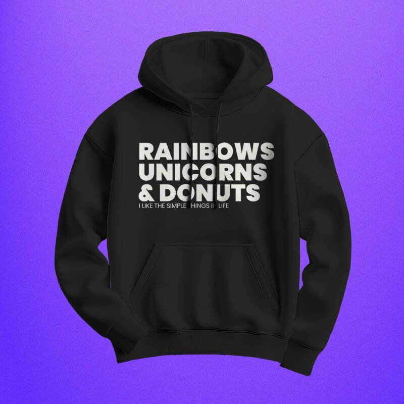 Rainbow Unicorns and Donuts Black Hoodie
